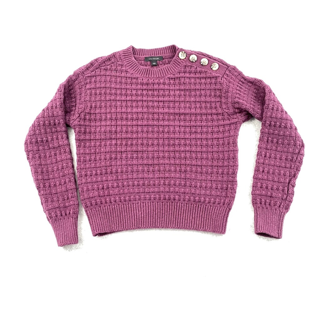 Ann Taylor Sweater Womens S Purple Waffle-Knit Button Shoulder Crew Pullover
